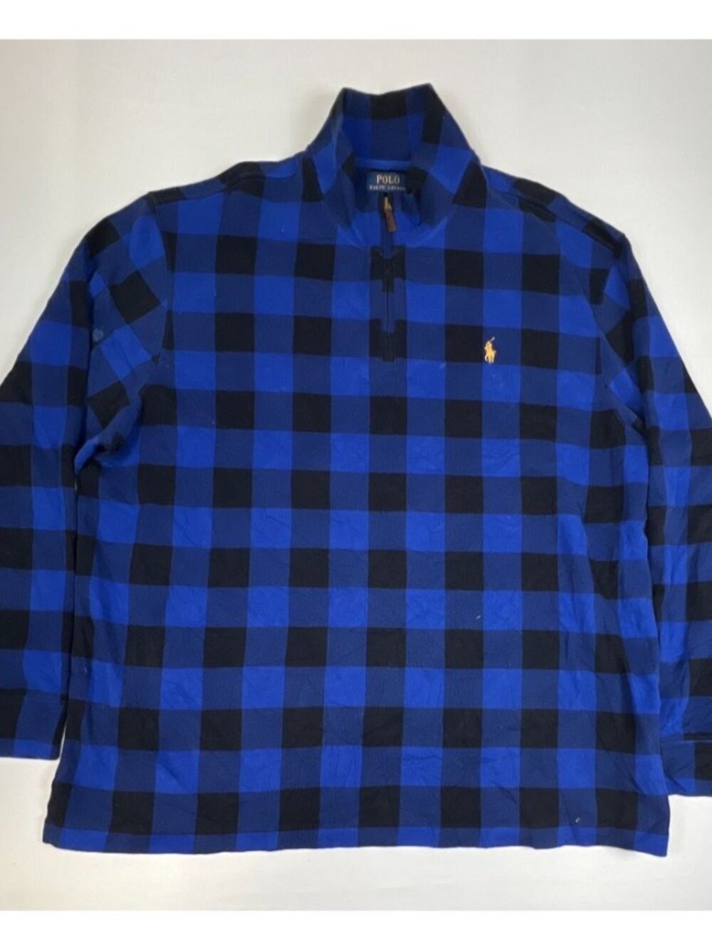 Polo Ralph Lauren Men XXL Estate Rib Buffalo Plaid Blue Black 1/4 Zip Pullover
